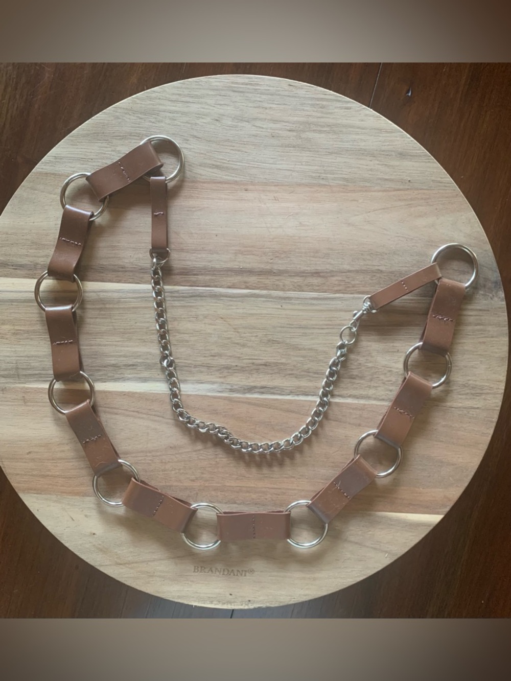 Brown Faux Leather O-Ring Chain Belt Y2K Statement Cinch Waist Silver Hardware